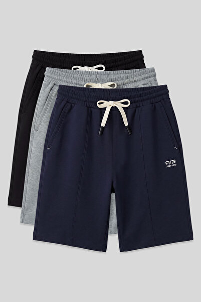 AIR JONES Standard Fit Basic 3-Pack Navy Blue-Black-Gray Melange Men's Shorts...