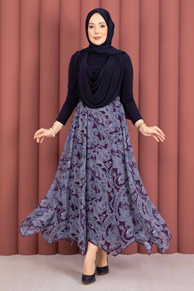 EBRUTESETTÜR Shawl Pattern Asymmetrical Cut Chiffon Skirt Plum
