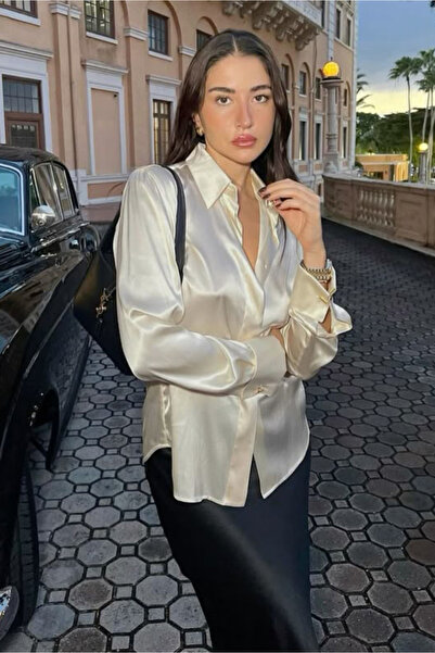Madmext Bej Gizli Düğmeli Şık Kadın Saten Gömlek MG2675