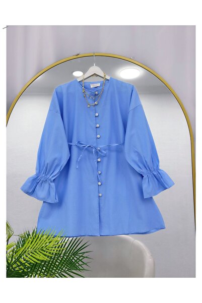 YEDİLALE Zero-Collar Tunic with Rubberized Sleeves and Belt [Loose Fit]