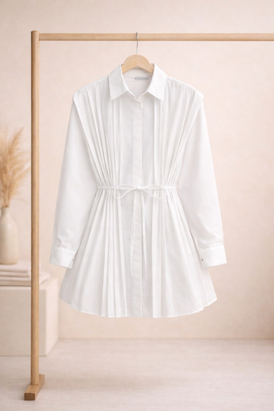 FERHEL Women's Pleated Detailed Lace-Up Shirt Tunic High Collar Long Sleeve M...