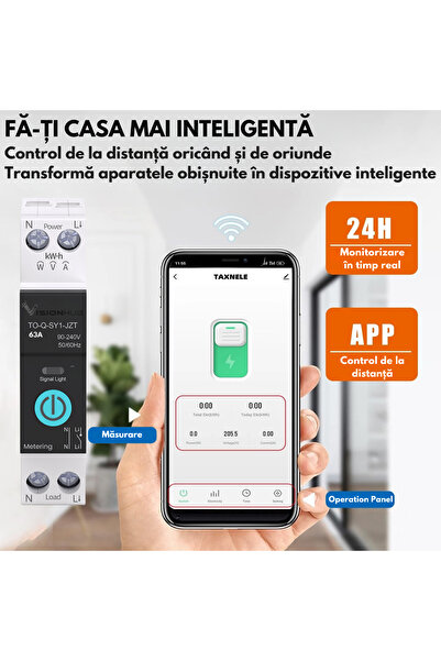 VisionHub Contor de energie WiFi cu siguranță inteligentă, 63A - Monitorizare consum, Telecomandă, VisionHub®, Smart Tuya