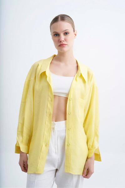 SHILSEE BEUTİQUE KADIN DÜŞÜK OMUZLU UZUN OVERSIZE TNSEL KUMAŞ GÖMLEK SARI