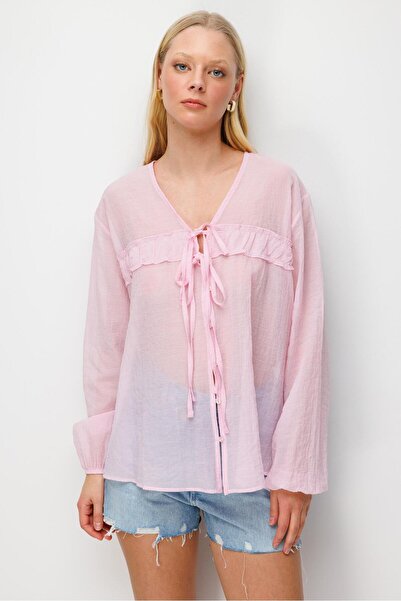 Mixray 4803 Women's Rose Tulle Transparent Blouse Pink