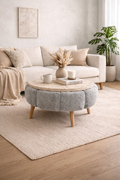 DEKOR MOBİLYACIM Fortune Yuvarlak Orta Sehpa Tablalı Puf Gövdeli Modern Dekor...