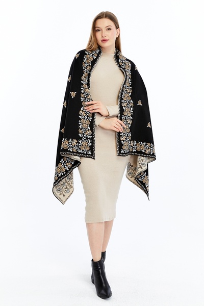 panşalço Güllü Model Black-Camel-Bone, Battal Shoulder Shawl, Knitwear Should...