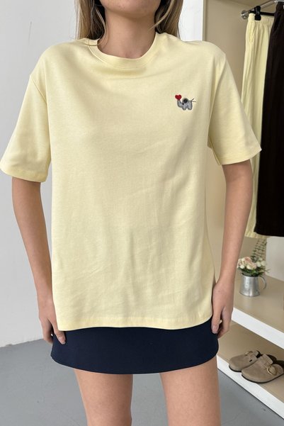 GİYSA Women's Crew Neck Elephant Embroidered 100% Cotton T-Shirt Yellow - 26Y 26729