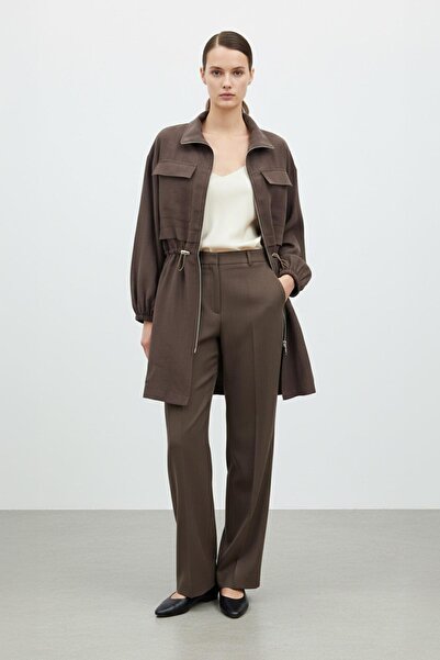 Puane Zippered Stand Collar Women's Jacket with Drawstring Waist Brown 15260