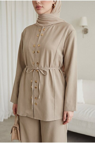 Modamorfo Double snap detailed round neck wide leg pants modal set - mink