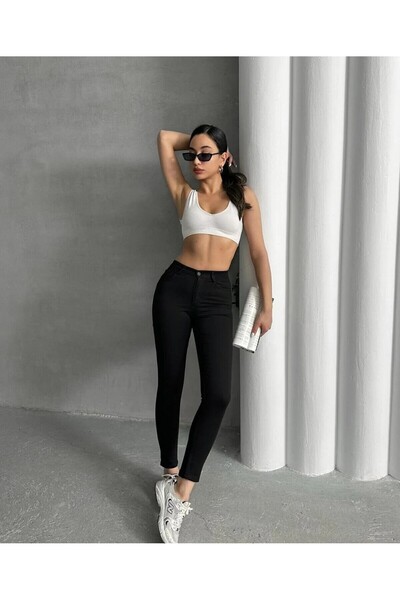 KENE JEANS High Waist Slim Fit Linen Lycra Tight Legs / Basic Black Comfortab...