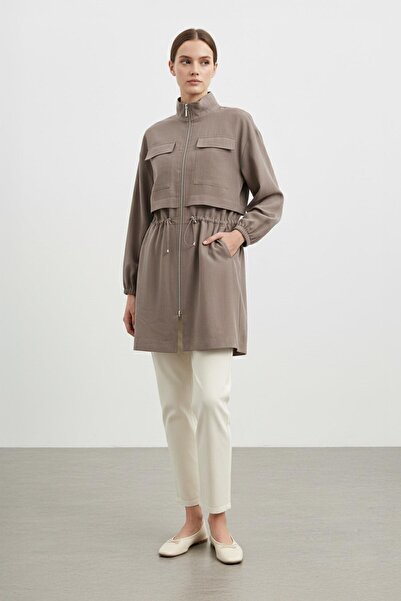 Puane Zippered Stand Collar Women's Jacket with Drawstring Waist Vi̇zon 15260