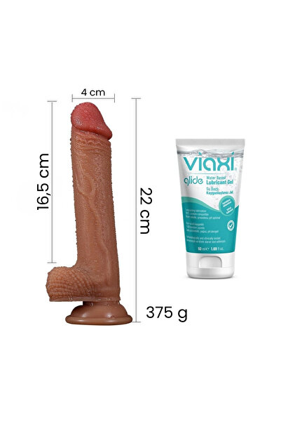 Kulis Grup 22 cm Damarlı Esnek Realistik Vantuzlu Yapay Penis Esmer Dildo + 50 ml Viaxi Kayganlaştırıcı Jel