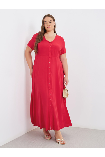 Styli Plus Red Maxi Dress with Button Closure