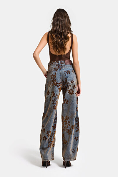 it's basic Kadın T.Kot Rengi s5-8 Özel Flok Desenli Skater Fit Tasarım Denim Jean