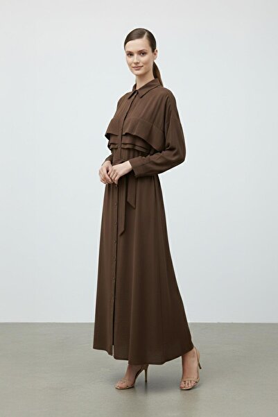 Puane Belted Buttoned Long Women's Dress Brown 12668
