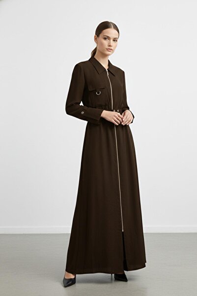 Puane Women's Zippered Shirt Collar Belted Long Dress Brown 12667