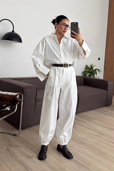 My Blog White Poplin Crop Shirt Pants Set - 51227