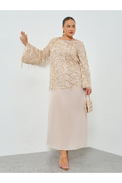 Styli Plus Size Beige Sequin Long Sleeves A-Line Maxi Dress