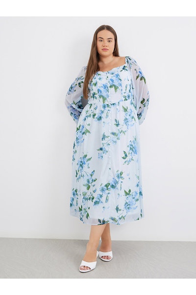 Styli Plus Blue Midi Dress with Floral Print