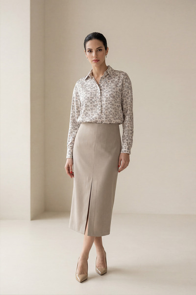 Setre Beige Front Slit Detailed Full-Fit Midi Skirt