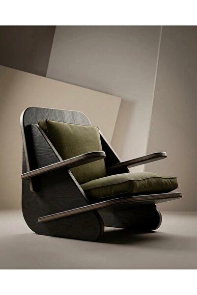 PRAKTURA STYLISH Berjer Tekli Ahşap Siyah Berjer Yeşil Keten Kumaş