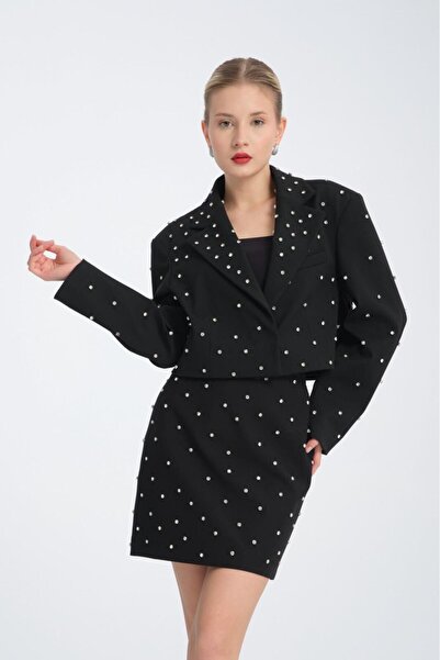 Özlem Yıldız Çakmalı Taş Detaylı Siyah Kısa Blazer Ceket-Özel Davet Taş İşlem...