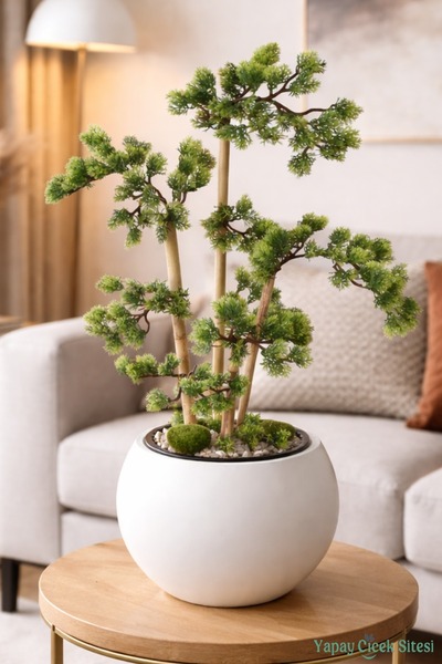Yapay Çiçek Sitesi Beyaz Küre Saksıda Modern Minimal Tasarım Yapay Bonsai Ağa...