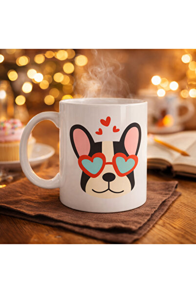 ELİZ BERRA MODA French Bulldog Patterned Porcelain Mug with Heart and Glasses...