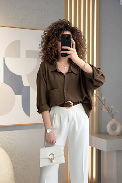 SHILSEE BEUTİQUE Women's Low Shoulder Long Oversize Tencel Fabric Shirt Brown