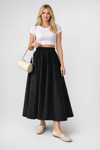 mor butik Women's Black Midi Skirt Double Fabric Comfortable Fit Elastic Waist