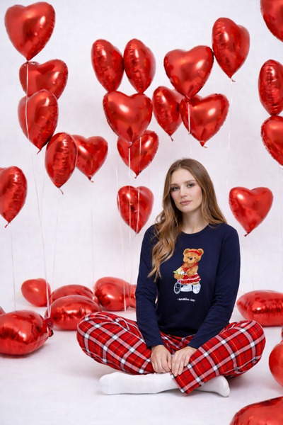 koza iç giyim Women's Cotton Teddy Bear Printed Plaid Patterned Pajama Set