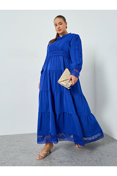 Styli Plus Size Blue Long Sleeves Tiered Maxi Dress