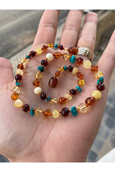 NİSSBEBE Damla Amber Turquoise Original Certified 32-40 cm Necklace or 15 cm ...