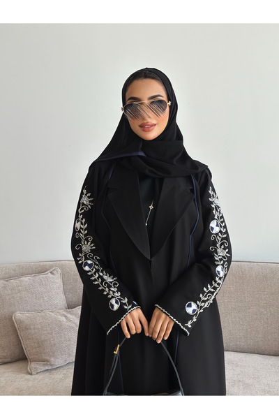 outline Black Eid abaya, quarter-circle style, elegant and luxurious embroide...