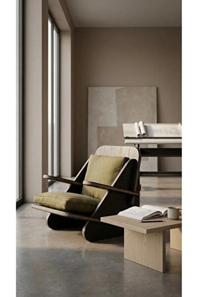 PRAKTURA STYLISH Berjer Tekli Ahşap Siyah Berjer Yeşil Keten Kumaş