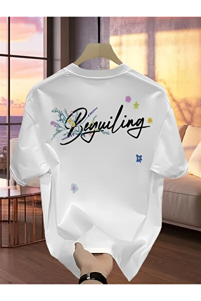 Rayan & Hoor Style تيشيرت قطني كبير الحجم بطبعة على الظهر وياقة الدراجة