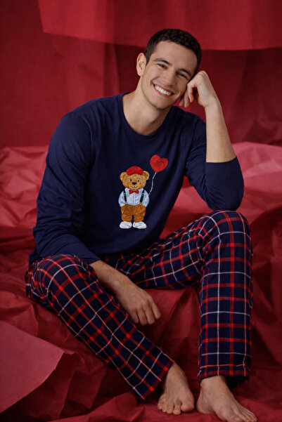 koza iç giyim Men's Cotton Teddy Bear Printed Plaid Patterned Pajama Set