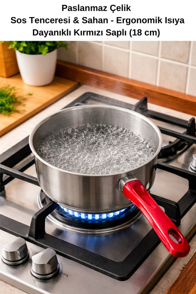 MODA Ergonomic Heat Resistant Red Handle Stainless Steel Sauce Pot Saucepan M...