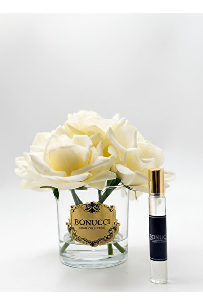 Bonucci 5'li Gold Vazolu Gül Aranjmanı Salon Masa Üstü Dekor - Krem