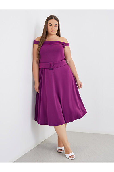 Styli Plus Purple Midi Dress with Off Shoulder Neck
