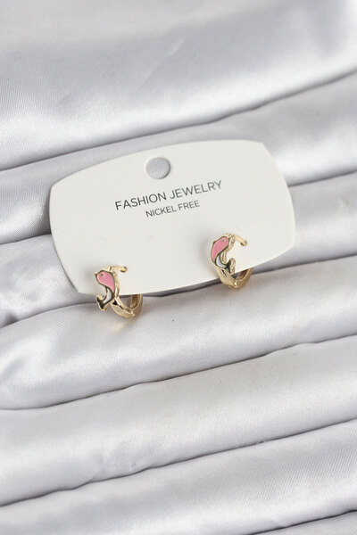 Twin Store أقراط أطفال من النحاس باللون الذهبي على شكل دولفين وردي اللون