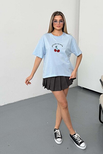 GİYSA Women's Cherry Printed 100% Cotton T-Shirt Blue - 26Y 26519