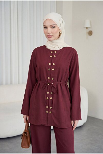 Modamorfo Double snap detailed round neck loose leg pants modal set - burgundy