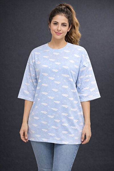 SWARO Women's Oversized Printed T-Shirt Cloud Pattern Casual Model