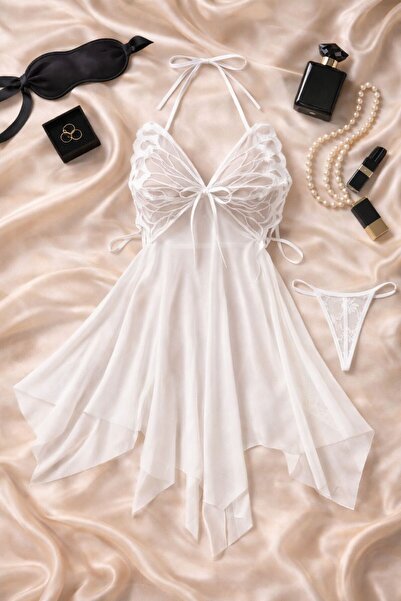 cdh çeyize dair herşey Lunessa Transparan Dantel Beyaz Babydoll Gecelik Takımı