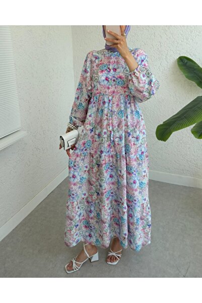 FERHEL Half-Buttoned, Elasticated Sleeves, Floral Tie-Dye Patterned Dress - P...