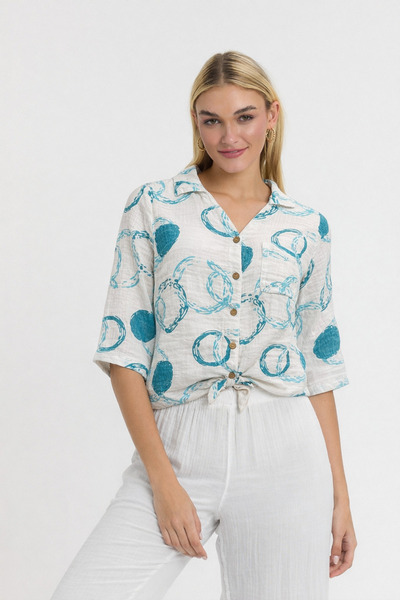 Heaven Ephesus Muslin Shirt/Blouse - Patterned Front Tie Shirt - 1025