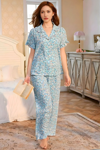 Homay طقم بيجامة من قطعتين من الليكرا بأكمام قصيرة ونقشة زهور