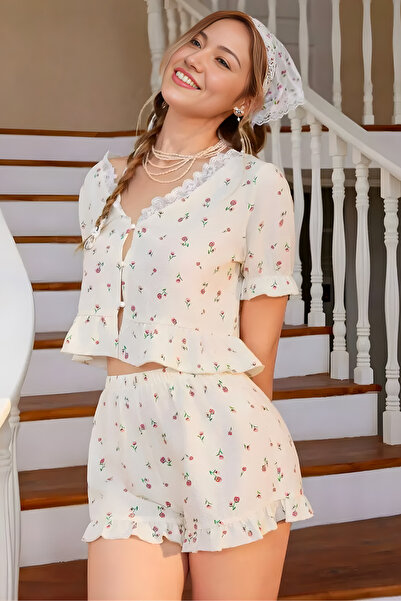 Homay 2-Piece Floral Patterned Lace Collar Ruffle Edged Buttoned Lycra Shorts...