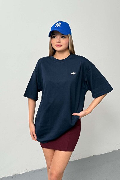 GİYSA تي شيرت نسائي من القطن بنسبة 100% مع إكسسوارات فيلكيت باللون الأزرق الد...